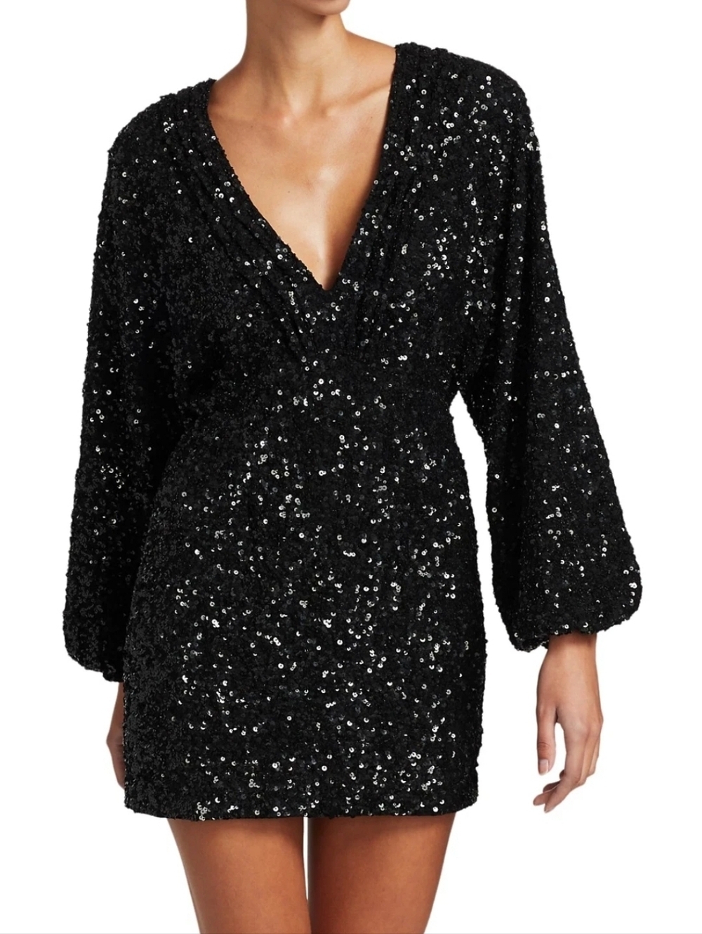 Retrofête Aubrielle Black Sequin Mini Dress Puff Sleeve Glam Party Dress Vneck S